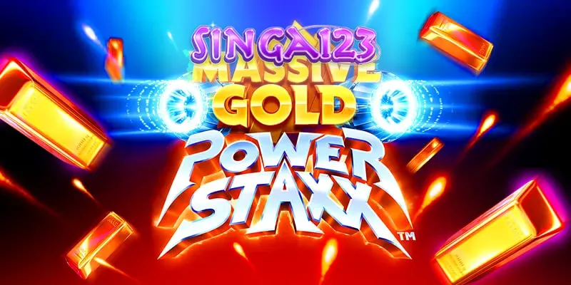 Tampilan visual futuristik dari slot Massive Gold Power Staxx dengan latar belakang galaksi neon.